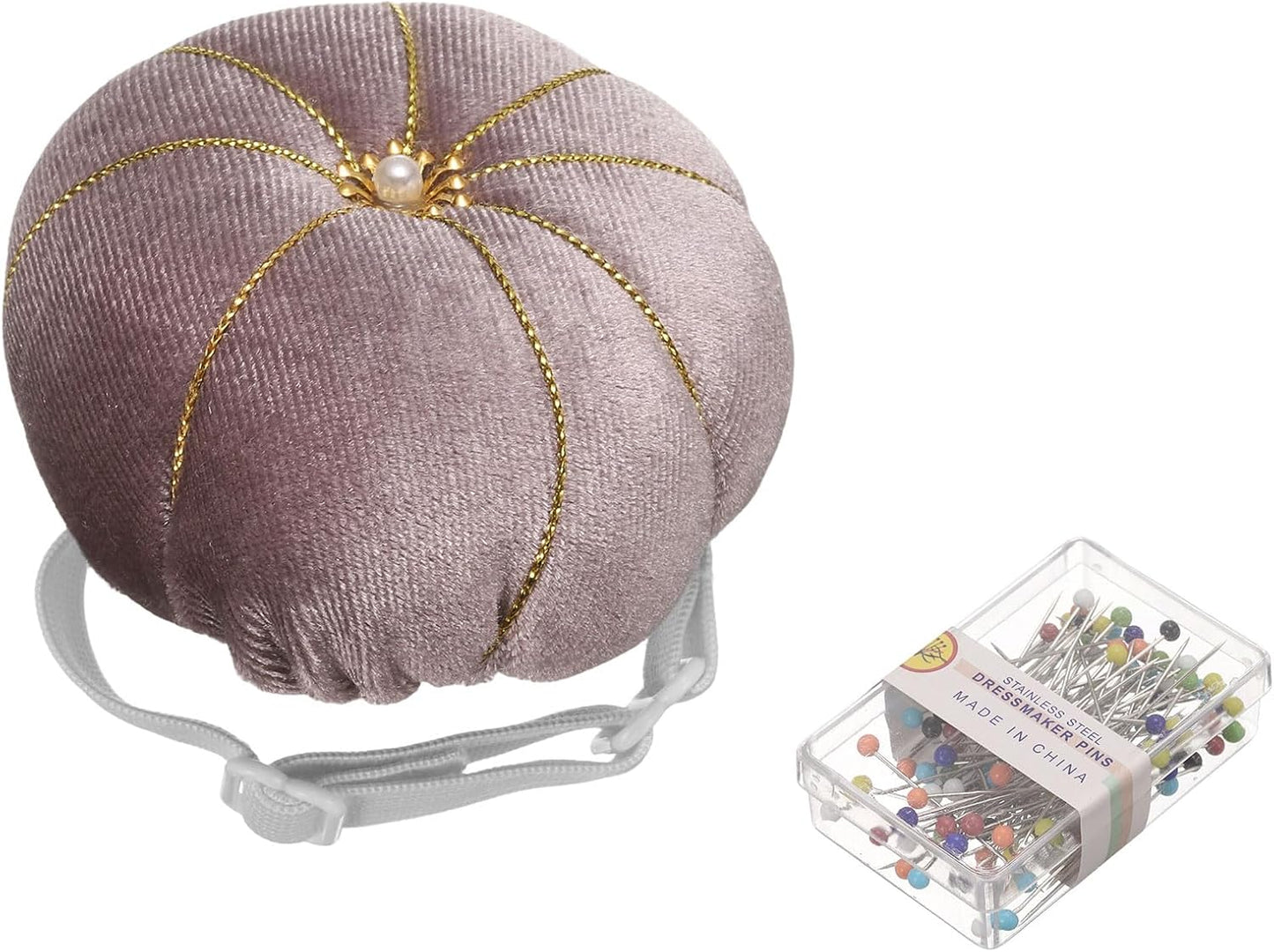 HARFINGTON Wrist Pin Cushion Wristband Sewing Pincushion Polyester Pin Holder Wearable Pumpkin Shaped Needles Wristband with 100 Head Needles for Sewing Quilting DIY Crafts, Gray