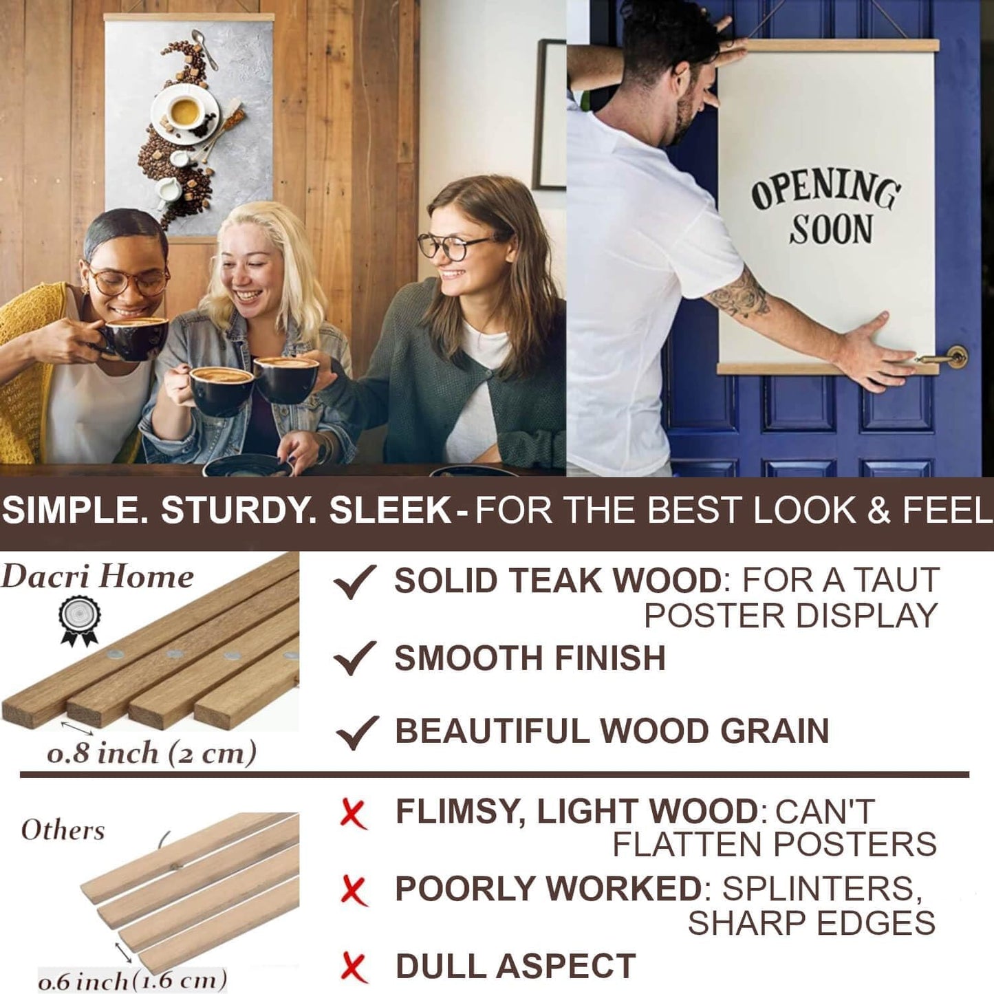 DACRI HOME 54" Magnetic Poster Hanger Frame - Sturdy Teak Wood Poster Frame, Strong Magnets for Easy Hanging Map Picture Print Scroll Wall Art 54x30 54x36 54x38 (54 Inch, Natural Wood)