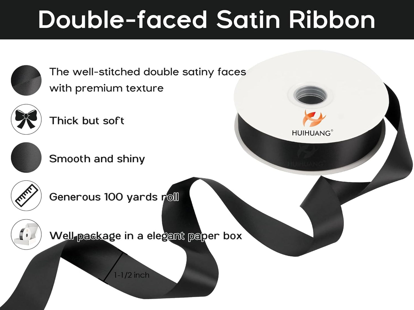 HUIHUANG Black Satin Ribbon 1-1/2 inch x 100 Yards Double-Faced Satin Ribbon for Flower Bouquet, Gift Wrapping, Eternal Roses, DIY Crafts, Bridal Shower Wedding Decor