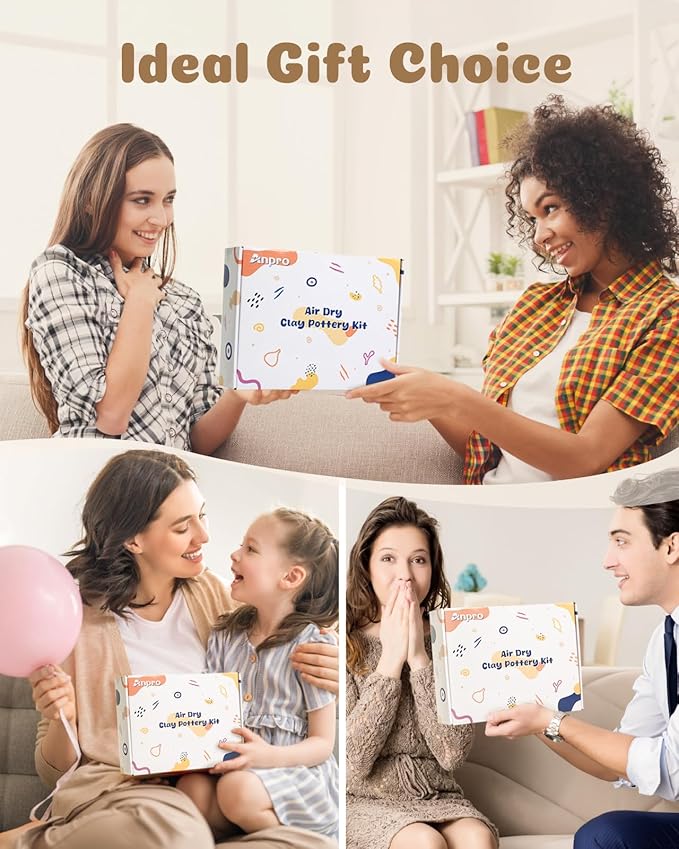 Air Dry Clay for Adults, Air-Dry Clay Starter Kit for Beginners Clay Kit, Includes Air-Dry Clay, 19 Clay Tools Kit, 12 Paints, 26 Letter DIY Clay Cutters, Varnish, Guide, Colored Rocks