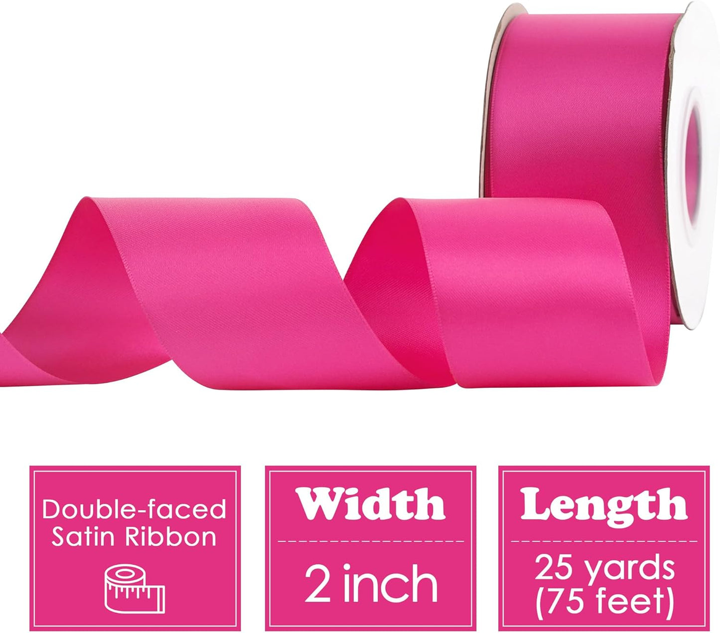 HUIHUANG Hot Pink Satin Ribbon - 2 inch Wide, Double Faced, Fuchsia - 25 Yards/Roll for Gift Wrapping, Bows Making, Flower Bouquet, DIY Crafts, Wedding, Bridal Shower, Holiday Party Decor