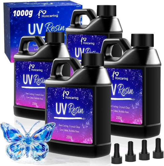 UV Resin 1000g, Hard Type Clear Beginner-Friendly Kit, Upgraded Formula & Crystal Clear for Jewlery Making, Art Craft, 250g*4 Resin UV Kit for Earring, Pendant, DIY