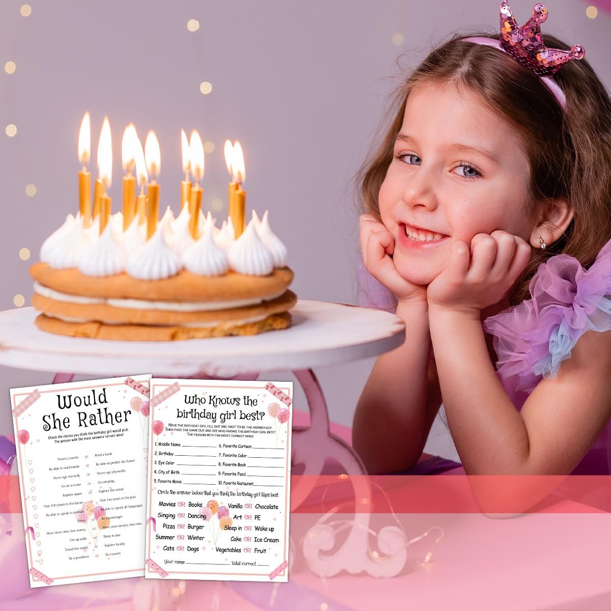 ALodr 20 Pcs Who Knows the Birthday Girl Best, Would She Rather Games for Girl Birthday Party, Funny Birthday Party Games, Double Sided, 5x7 Inches