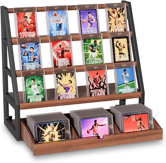 handrong Card Display Stand,3-Tier Trading Card Display with Drawer,Wooden Graded Baseball Sports Cards Holder,Greeting Cards Stand for Collection,Vendor & Show (Brown)