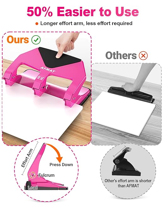 AFMAT 3 Hole Punch Heavy Duty, 50-Sheet Three Hole Punch, 50% Reduced Effort, 10,000+ Uses, 9/32" Holes, S.S. Paper Guide, 3 Hole Puncher for Binder, Metal Hole Puncher for Home Office School HP20