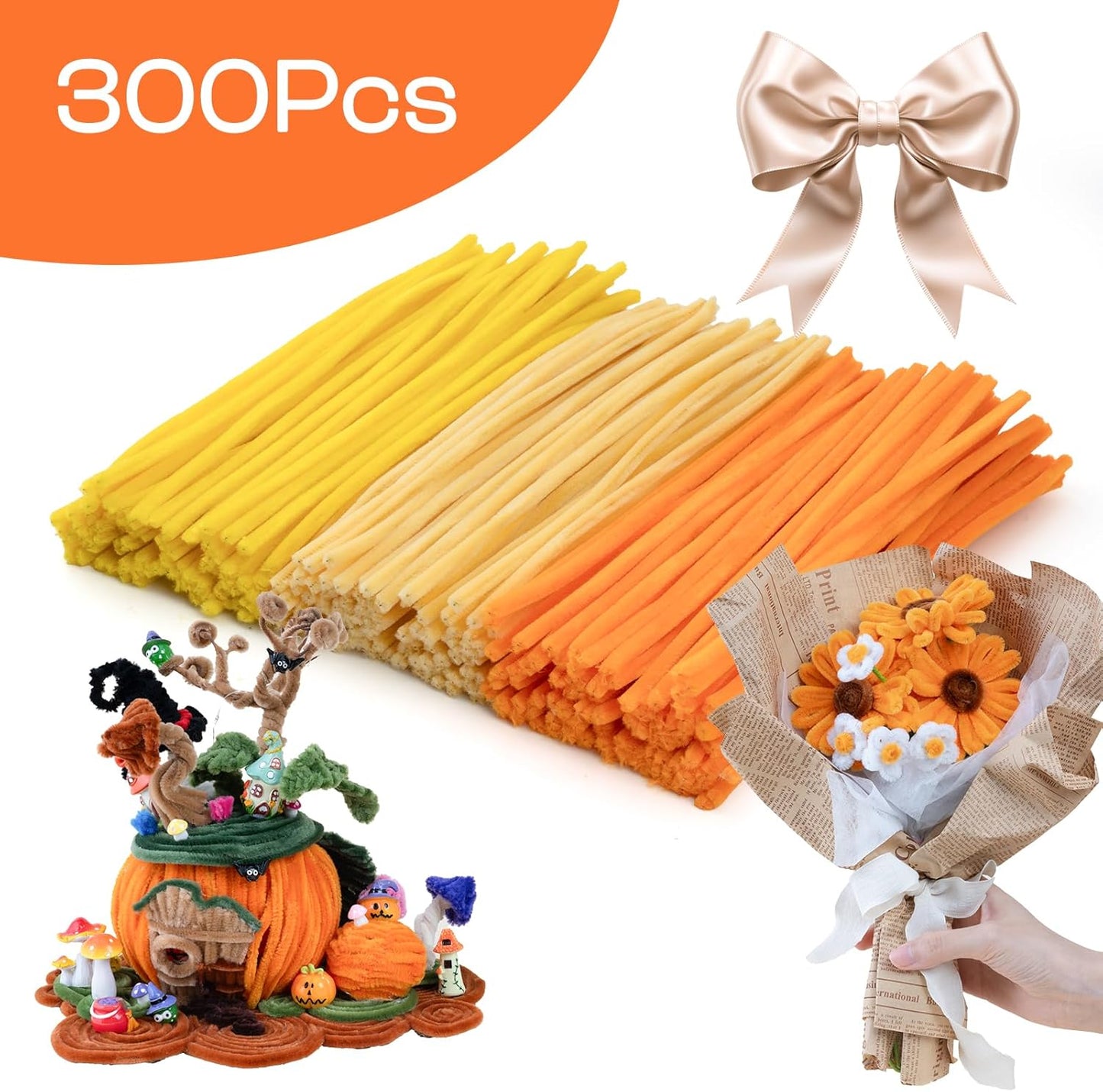 Caydo 300 Pieces Yellow Orange Pipe Cleaners, Thick Fluffy Chenille Stems, Pipe Cleaner Crafts for Arts & Crafts, Perfect for Making Animals, Flowers, and Festive Decorations