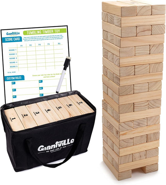 Giantville Giant Tumbling Timber Toy - Premium Pine Wood Life-Size Blocks Tower - Big Floor/Board Indoor/Outdoor Yard Game for Kids & Adults - 56-Pieces + Carry/Storage Bag - Grows to Over 4-Feet