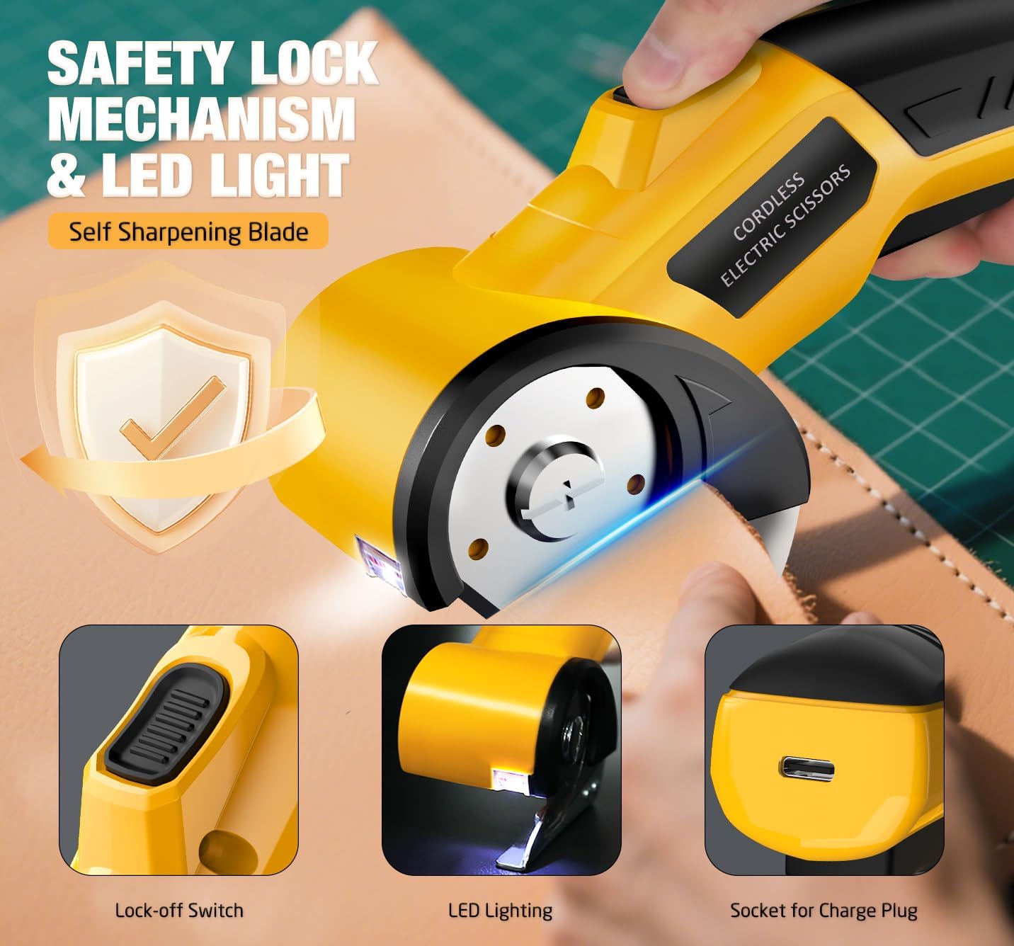 Cordless Electric Scissors: 4V Rechargeable Cardboard Cutter, 3 Blades, Safety Lock & LED Light, Box Cutter for Carton Carpet Plastic Fabric Leather(Yellow）