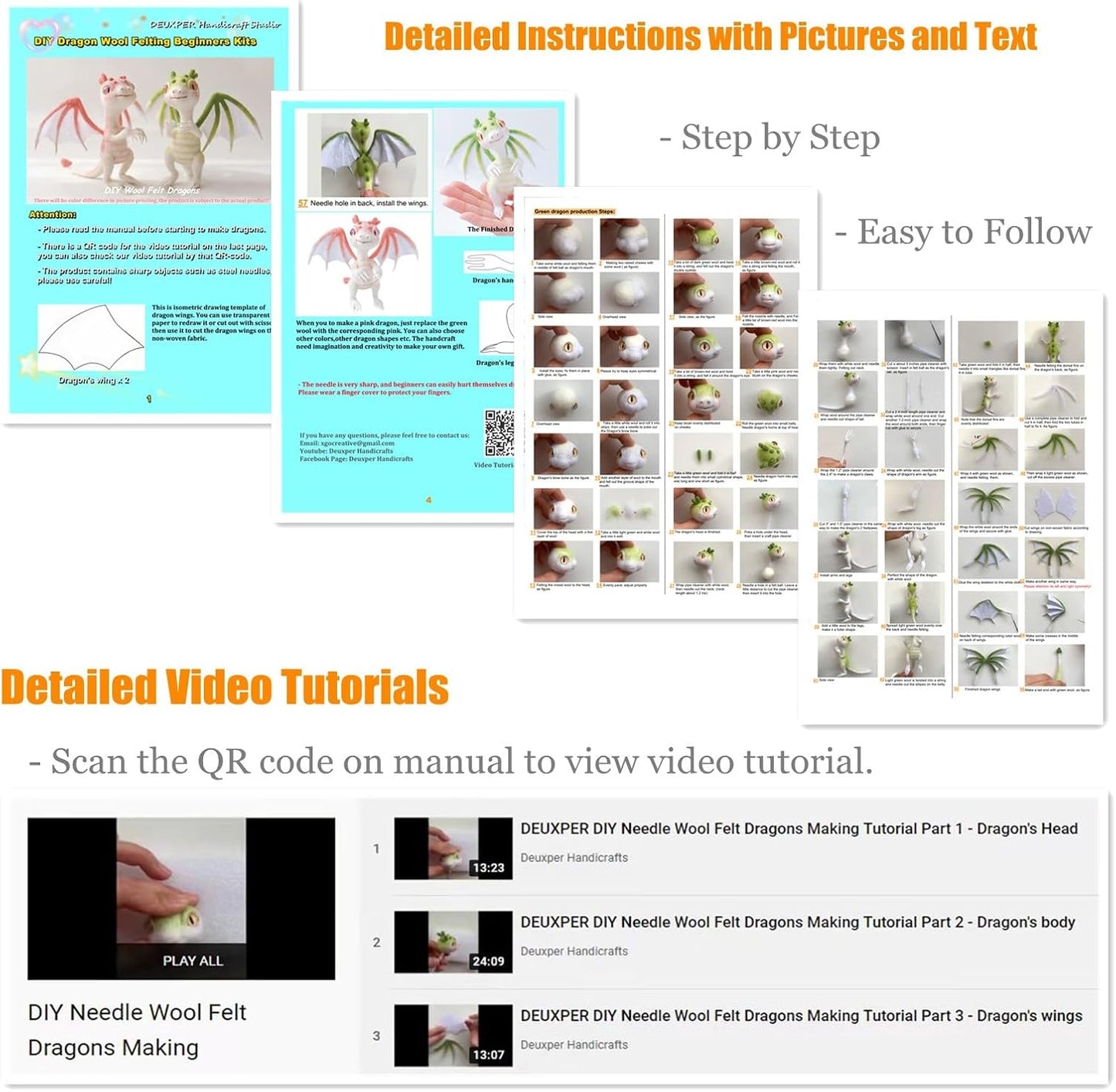 DEUXPER Needle Felting Kits Beginners, DIY Wool Felt Dragon Materials Set for Adults Kids, Needle Felting Craft Project Gift for Women Men