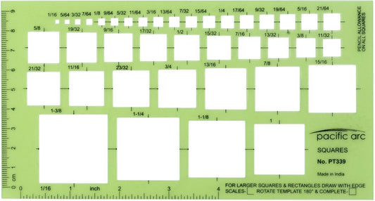 Pacific Arc Squares Template Guide, 39 Squares ranging from 1/16 inch to 1 and 3/8 inch