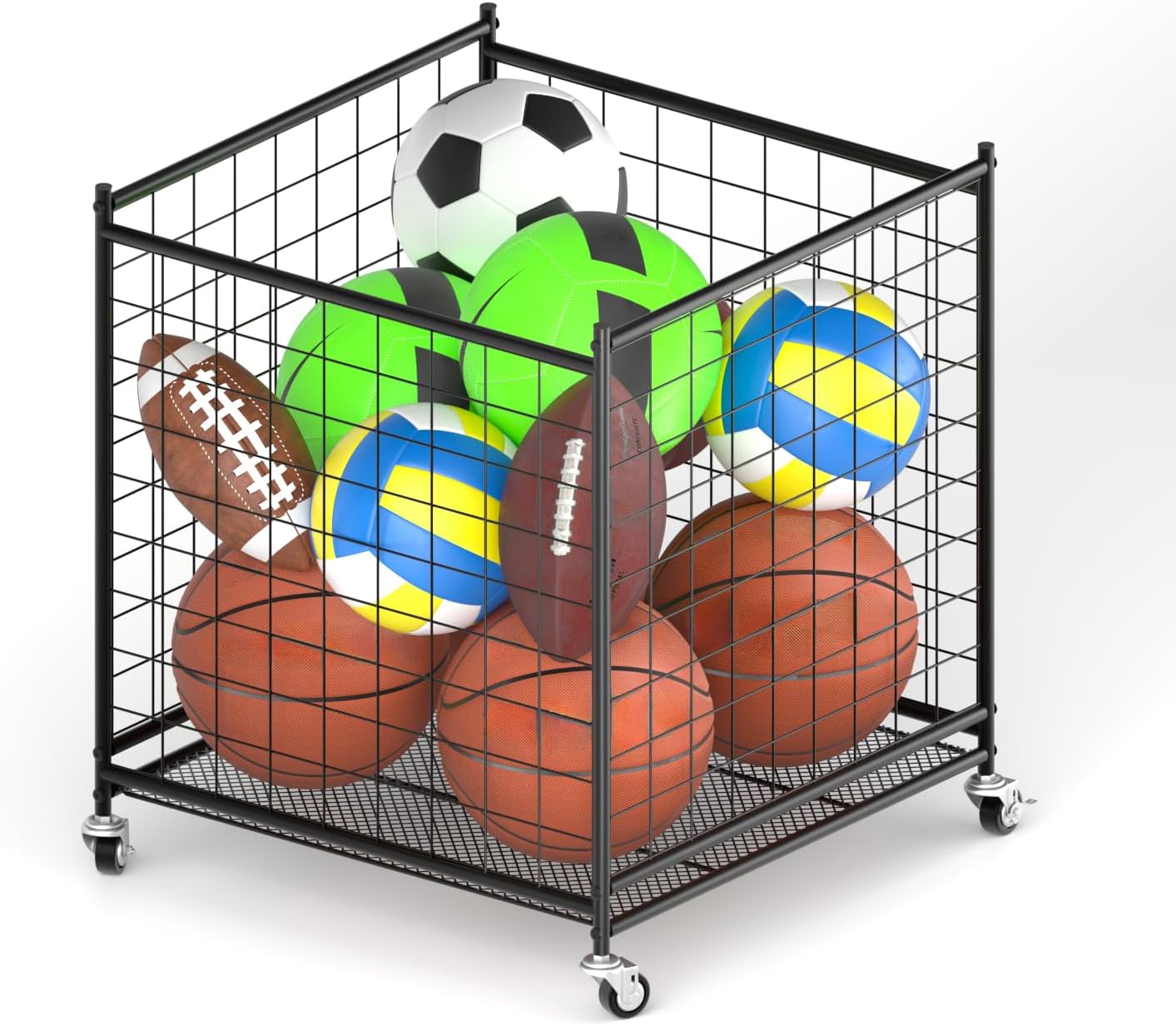 Ball Storage - 22.83" Basketball Cart With Wheels Garage Volleyball Storage Sport Equipment Holder Organizer For Indoor Outdoor,Metal Storage Rack For Playgroup,Gym And School