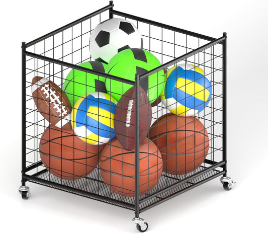 Ball Storage - 22.83" Basketball Cart With Wheels Garage Volleyball Storage Sport Equipment Holder Organizer For Indoor Outdoor,Metal Storage Rack For Playgroup,Gym And School