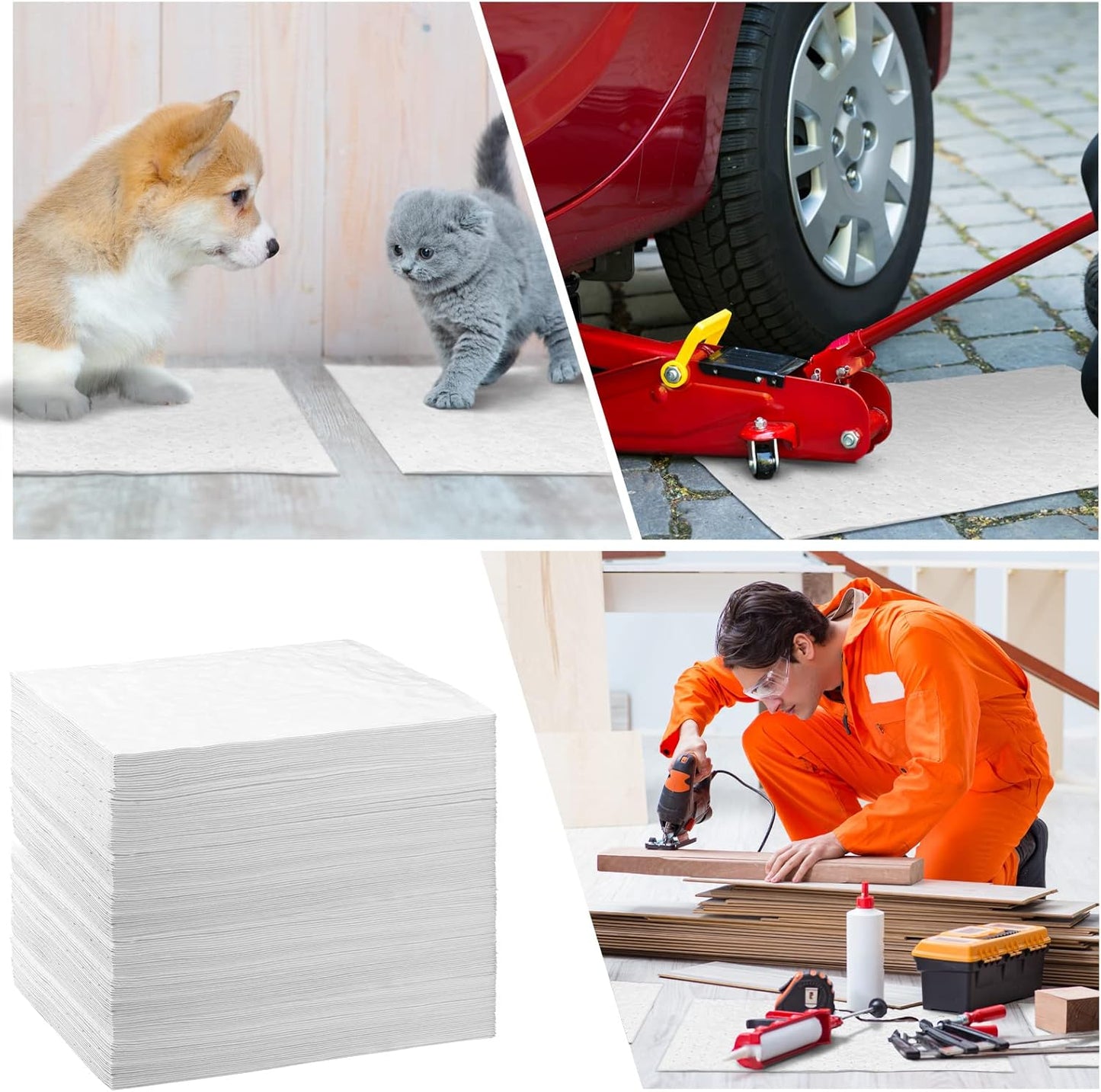 Hoolerry Oil Absorbent Pads Weight Dimpled Pad Garage Accessories Water Absorbent Mat Oil Spill Mat for Absorbing Protecting Home Garage Basement (100 Pcs,White,9.8 x 13 Inch)