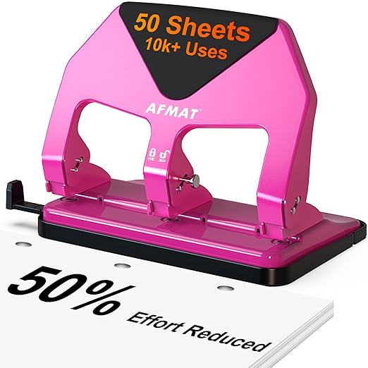 AFMAT 3 Hole Punch Heavy Duty, 50-Sheet Three Hole Punch, 50% Reduced Effort, 10,000+ Uses, 9/32" Holes, S.S. Paper Guide, 3 Hole Puncher for Binder, Metal Hole Puncher for Home Office School HP20