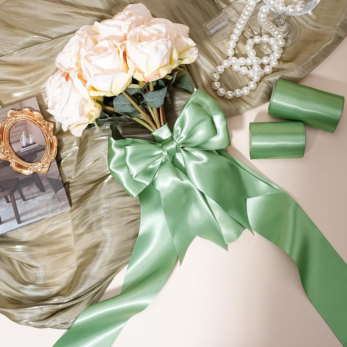 LaRibbons Sage Green Satin Ribbon 3 Inch 10 Yards Double Faced Luxury Light Green Silk Ribbon for Gift Wrapping Flower Bouquets Bow Christmas Wedding Party Decoration