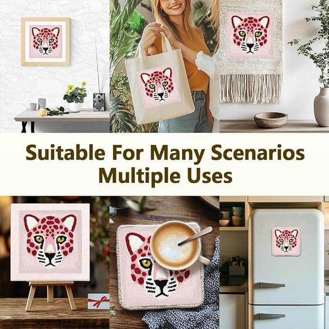 Doodlream Pink Leopard DIY Punch Needle Embroidery Kit for Adult Beginner, 9.4" Pink Leopard Punch Stitching Craft Set for Starter with Frame, Fabric Pattern, Threader, Yarn, Pinch Needle