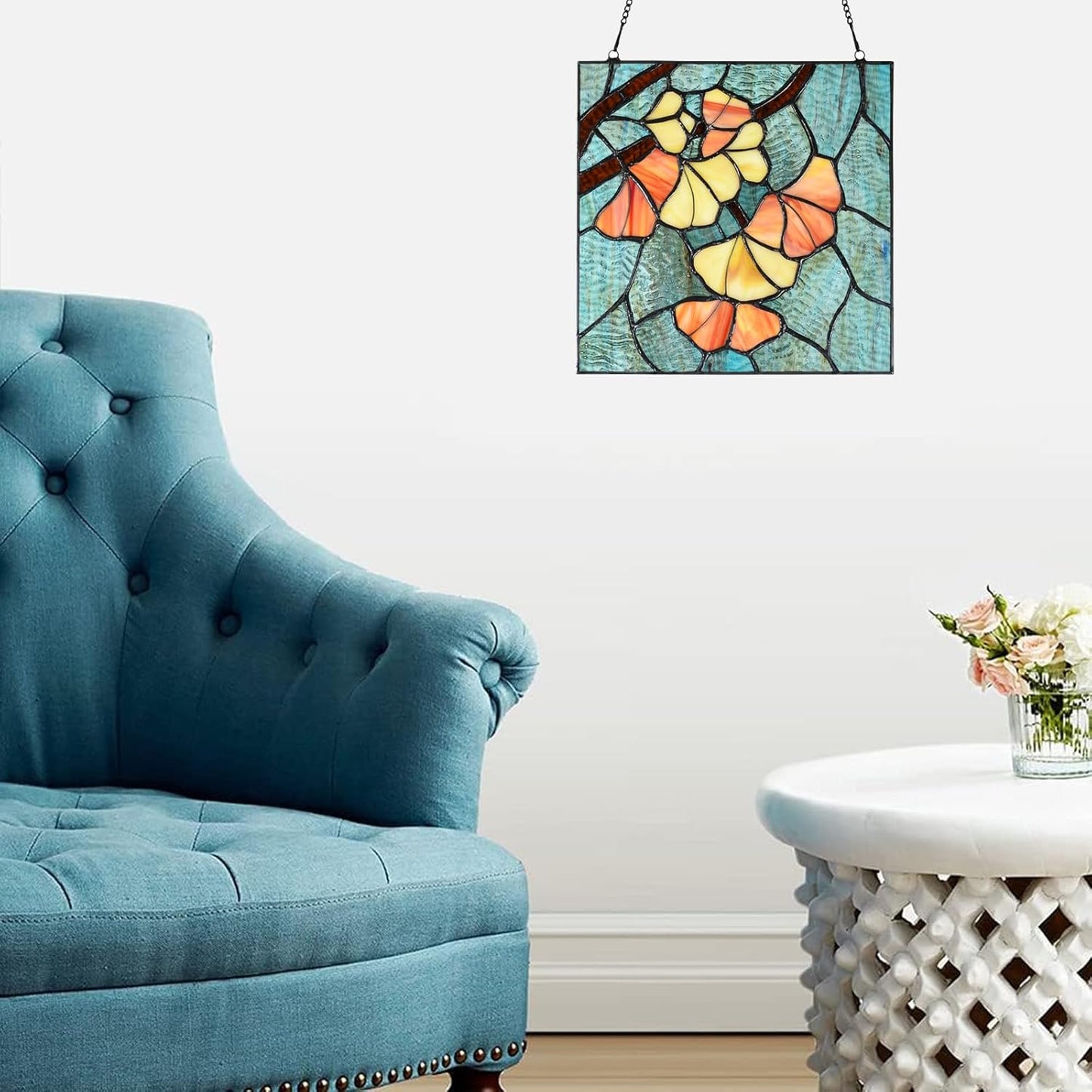 PA0005 Stained Glass Ginkgo Leaf Hanging Panel-10 Wx10 H Window Suncatcher Window Décor Tiffany Style Wall Décor Hanging Art