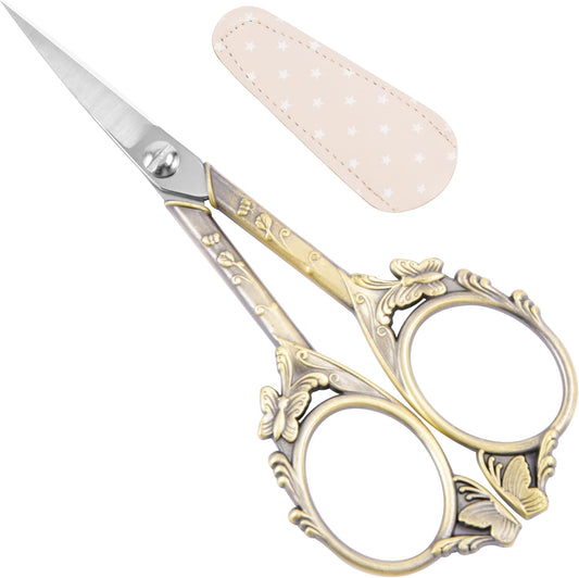 Artistic Vintage Craft Scissors Small 4.6 Inch Sharp Sewing & Embroidery Tool - Engraved Bronze Butterfly Handle, Silver Blade, Pink Polka Dot Case for Crochet, Fabric, Paper, DIY Crafts