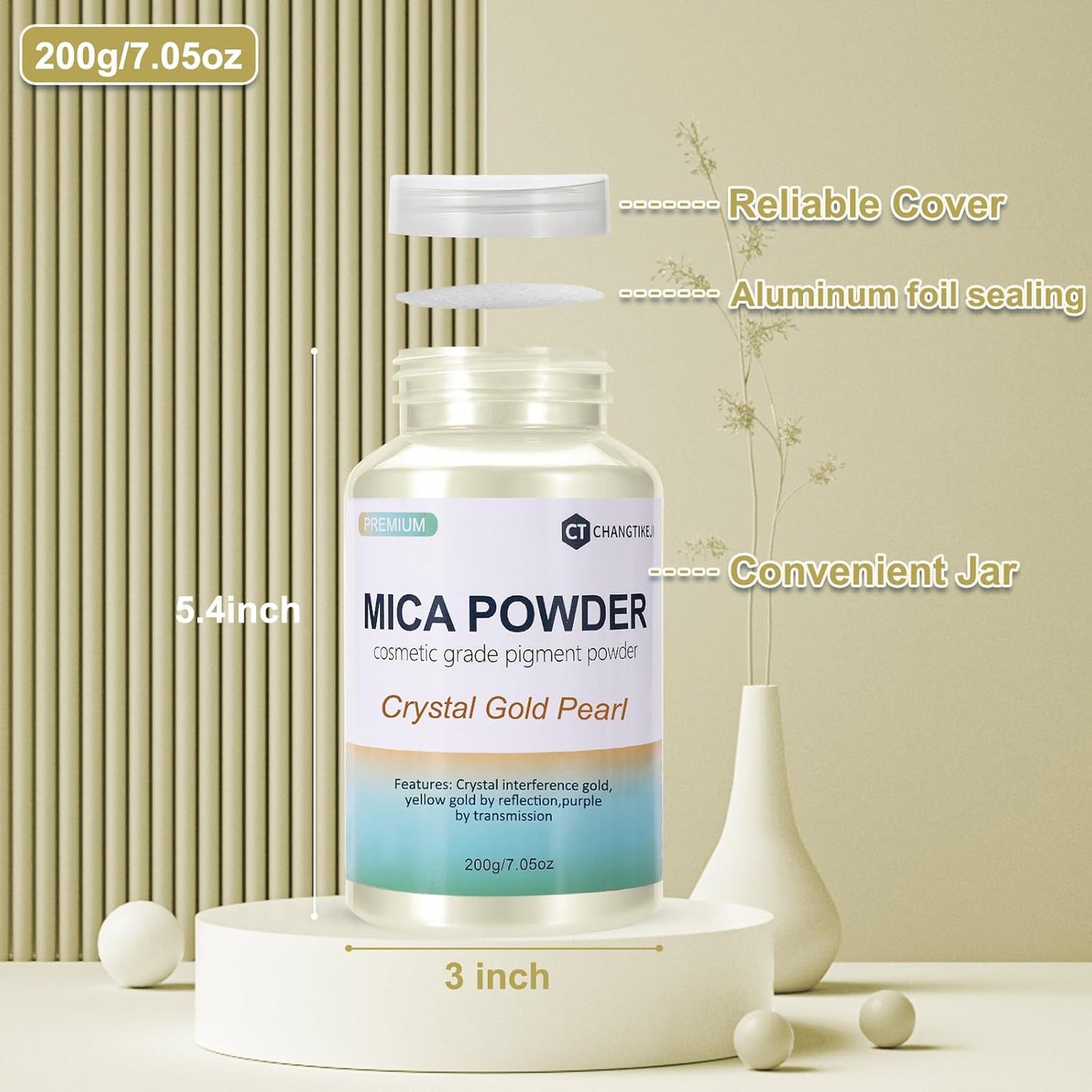 Mica Powder,7.05OZ（200g）,Crystal Gold Pearl Mica Powder Pigment for Epoxy Resin，Lip Gloss，Car Paint，Dye，Soap Making，Nail Polish,Epoxy Resin,Candle Making,Bath Bombs