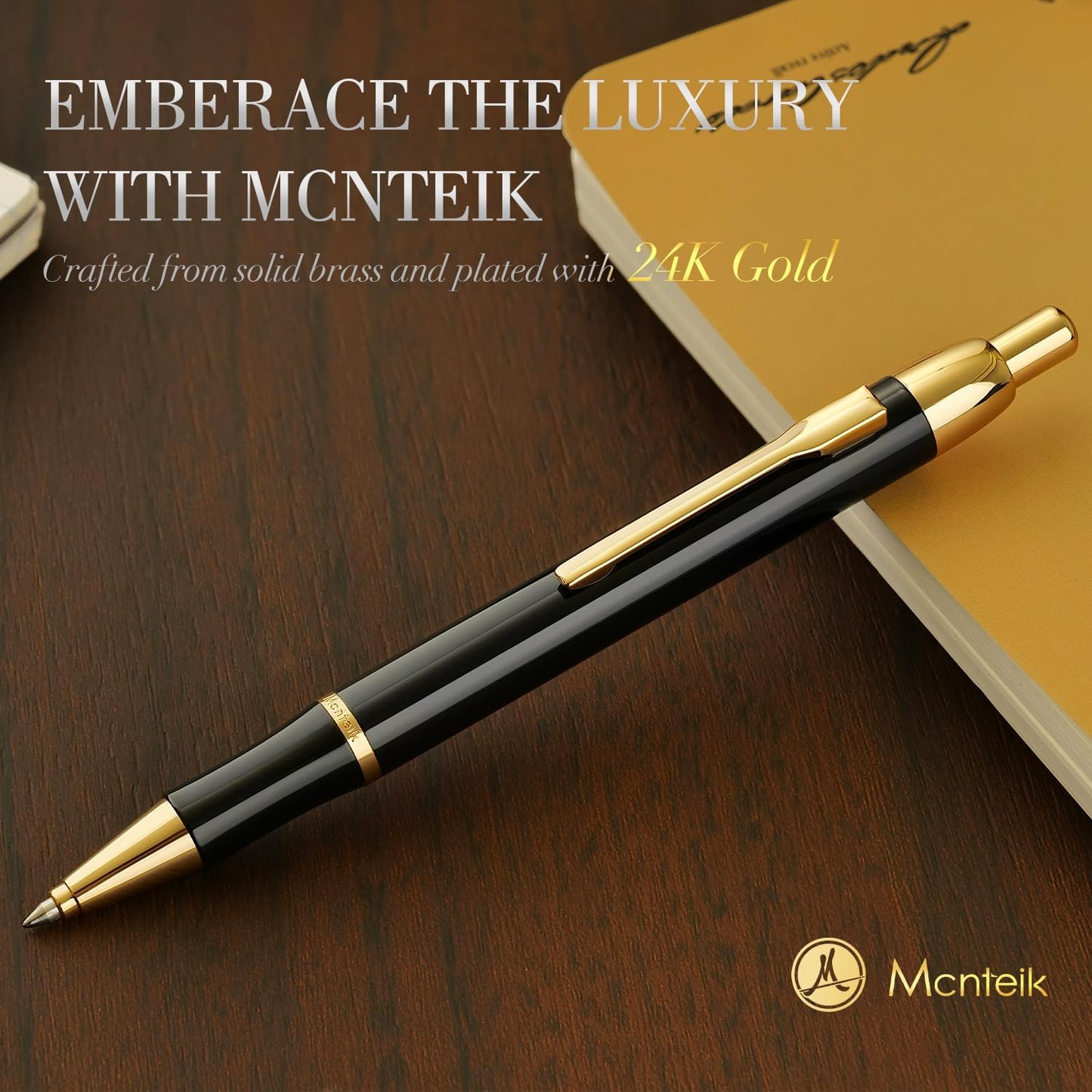 Black Gel Pen With 24K Gold Finish, Fine lacquer work, Best Men's And Women's Gift Pen Set, Professional, ADMOK Black Refill, Smooth Writing, Executive, Office, Click, Nice Retractable Pens