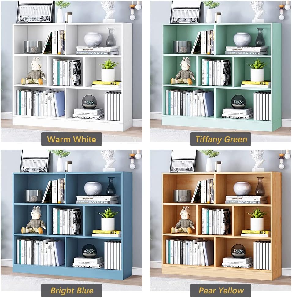 IOTXY Open Shelf Low Bookcase - Wooden 3-Tier Floor Standing Display Cabinet Organizer with Base, 7 Cubes Short Horizontal Bookshelf in Tiffany-Green