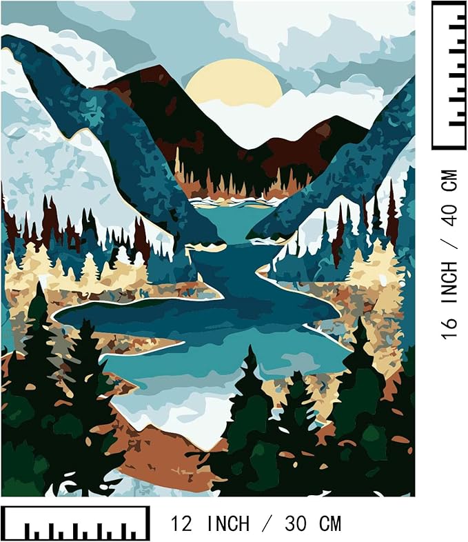 BAISITE Paint by Numbers Kit for Adults Beginners,12" Wx16 L 2 Pack Canvas for Painting Kits for Adults in Colorful Box-Sunset Lake Mountains1112