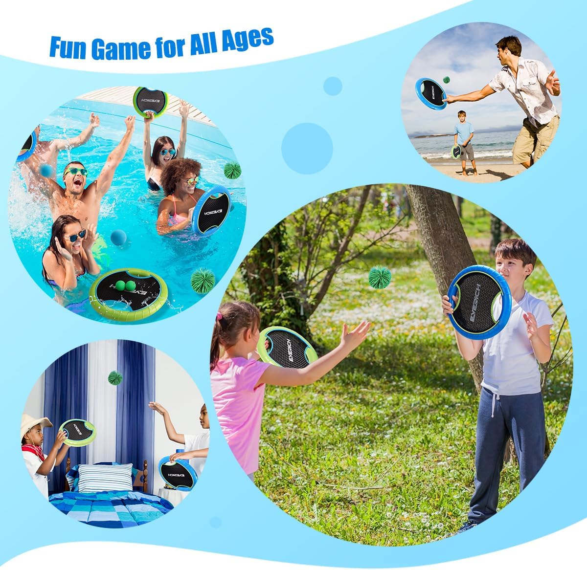 EVERICH TOY Trampoline Paddle Ball Set with 4 Bouncy Paddles & 8 Balls - Soft Foam Design for Kids Play Indoor Outdoor Beach Backyard Lawn - Great Gift Idea for Boys & Girls