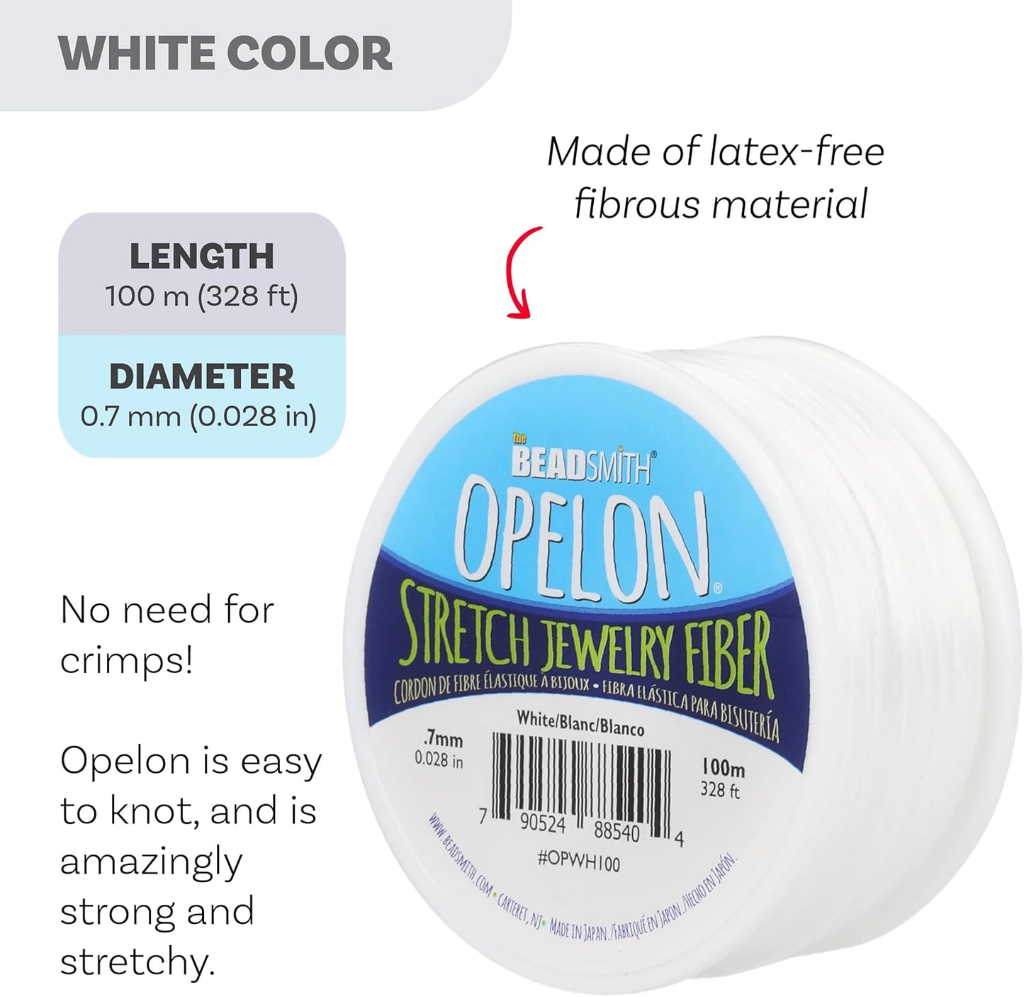 The Beadsmith Opelon Stretch Cord – Elastic Beading Fiber, White, 0.7 mm Diameter, 100 Meters (328 ft) Spool