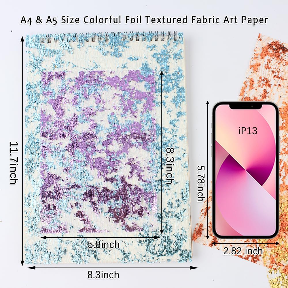 A5 & A4 Size Colorful Foil Textured Fabric Art Paper Scrapbooking Decorative, 20 Sheets Sparkle Metallic Lace Mesh for Crafts, Junk Journaling Supplies, Card Making, Collage