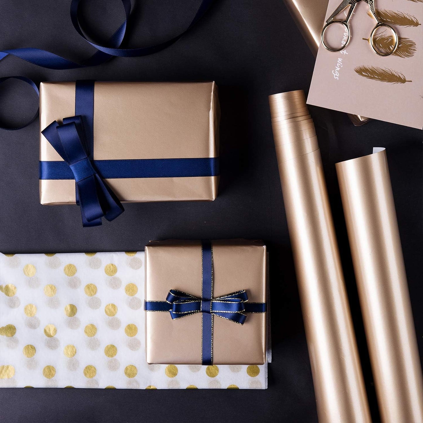 WRAPAHOLIC Navy Wrapping Paper Set - Gold and Navy Wrapping Paper Bundle with Gift Bow & Ribbon & Tag & Sticker, Perfect for Christmas, Birthday, Holiday, Father's Day, Baby Shower