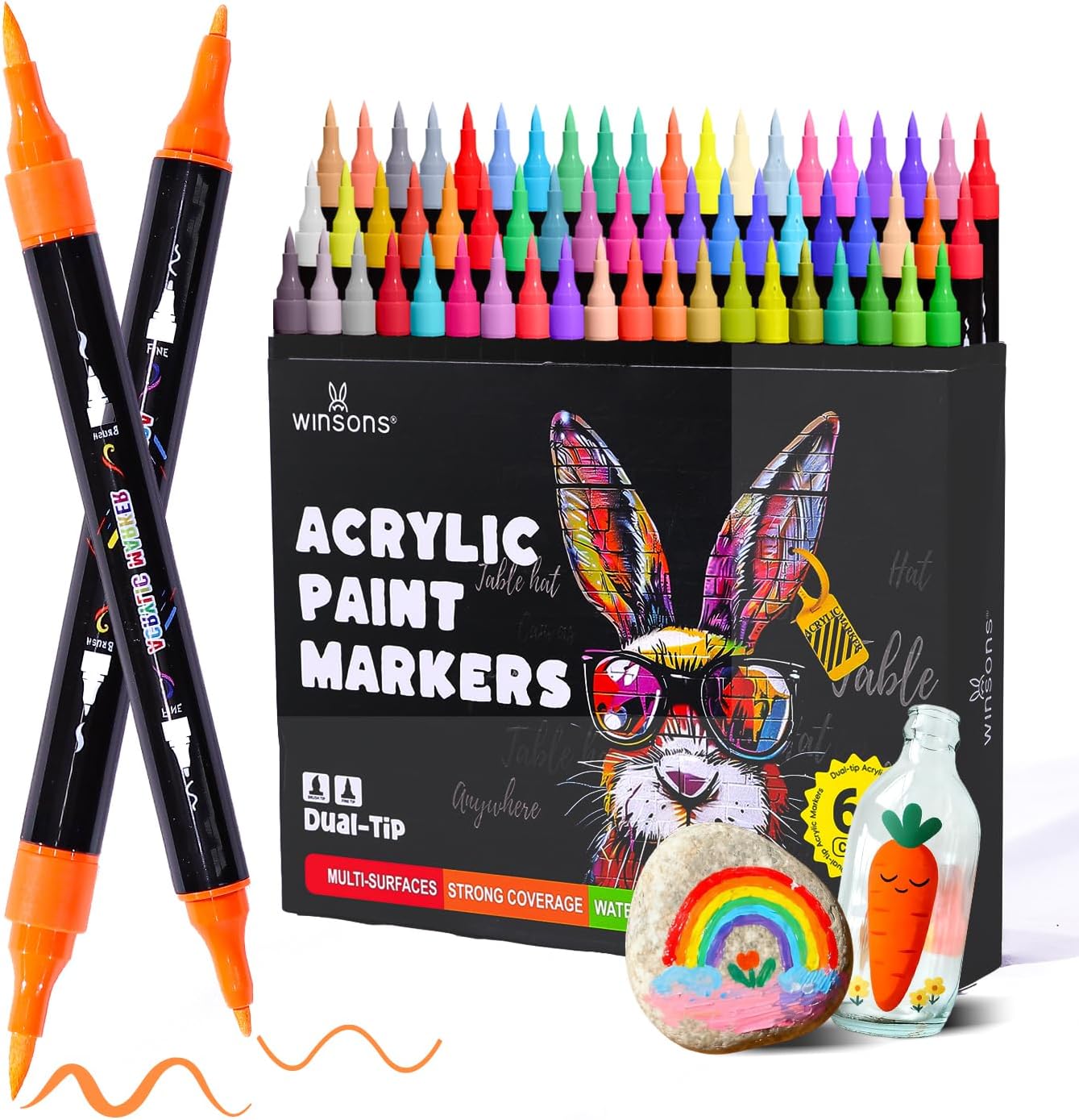 Acrylic Markers, 60 Dual-Tip Paint Pens for Rock Painting, Colouring Books, Mugs, Canvas Shoes, Metal, Scrapbooking - Quick Dry, Brush & Fine, Drawing Markers, Classrooms Must Have