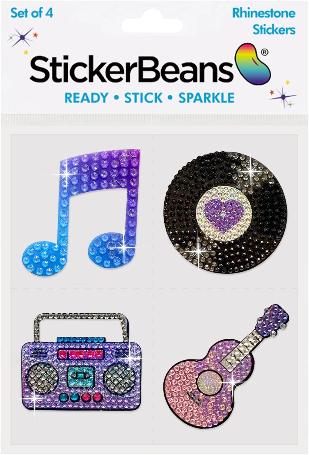 StickerBeans® Rhinestone Stickers – I Love Music 4-Pack, 2” x 2” Unique Sparkly Cut-to-Shape for Collecting, Trading, Decorating Laptops, Phone Cases, Scrapbooks - Kids, Teens, Adults