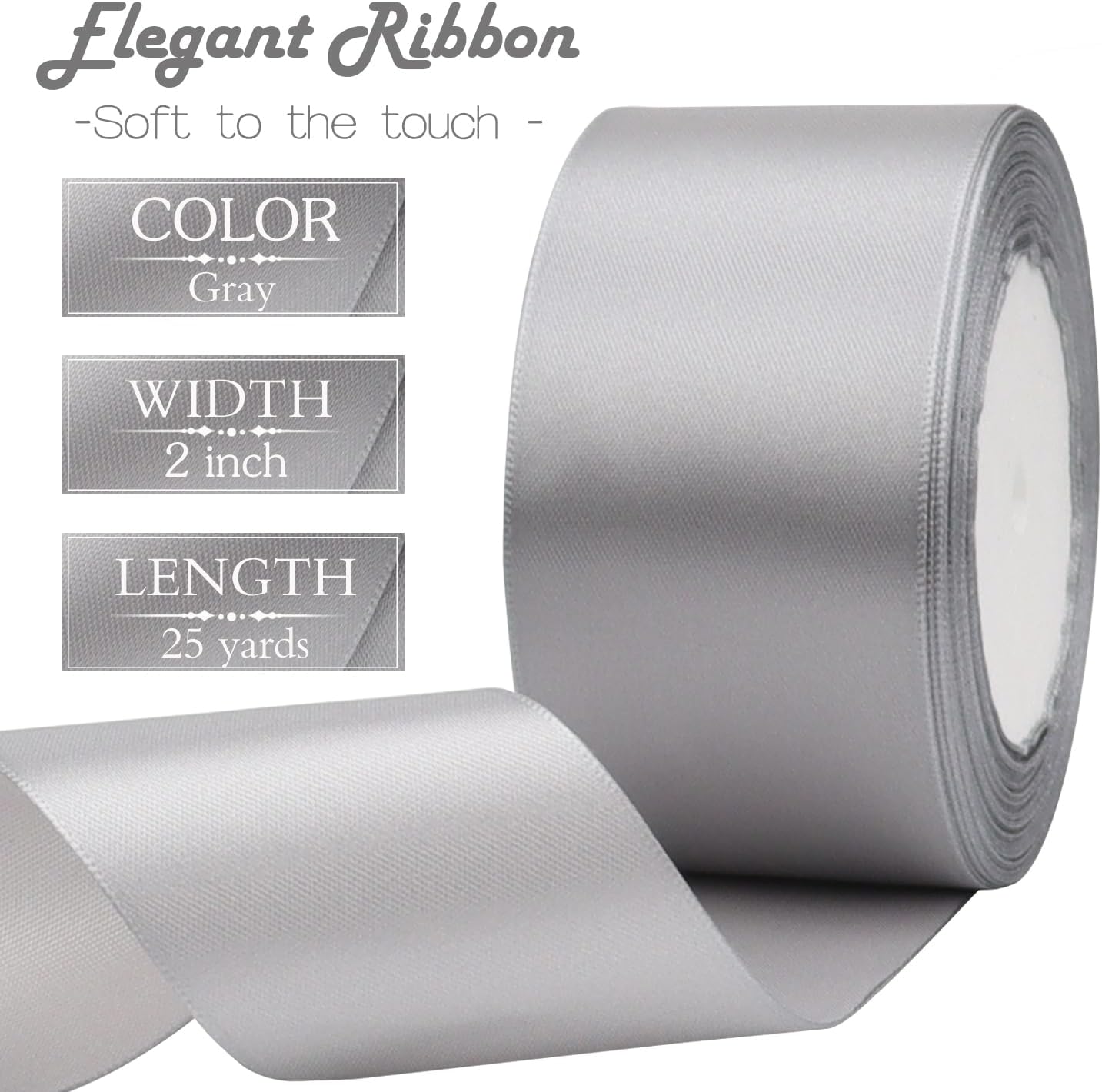 Gray Solid Satin Ribbon 2 Inch 25 Yards Solid Polyester Fabric Ribbon for Gift Wrapping Wedding Christmas Baby Shower Birthday Party Decoration Handmade Immortal Flower Craft