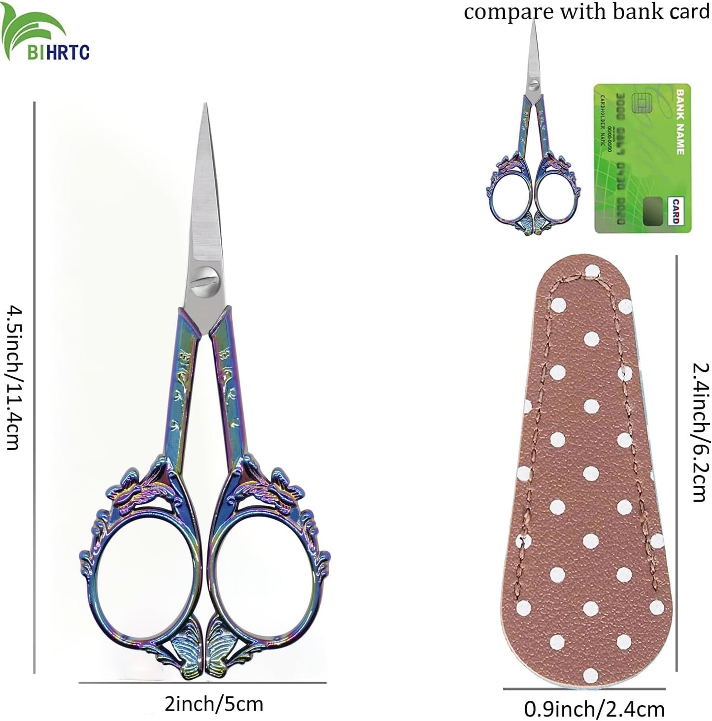 BIHRTC Small Threading Scissors 4.5 Inch Vintage Sharp Detail Shears with Artificial Leather Cover Stainless Steel Tip Dressmaker Shears DIY Tools for Embroidery Crochet Craft Needlework