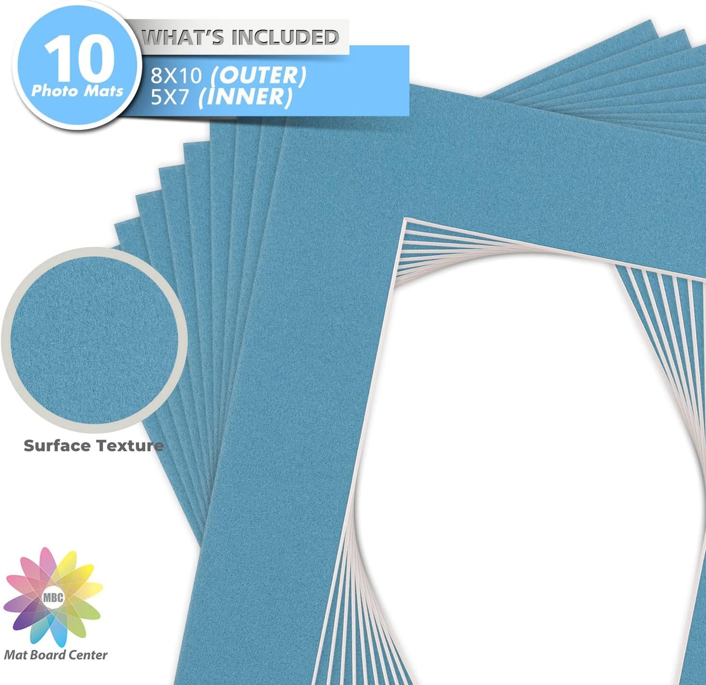 Mat Board Center, Pack of 10, 8x10 for 5x7 Dynamic Blue Color Mats - Bevel Cut, Acid Free, 4-ply Thickness, White Core - for Pictures, Photos, Framing