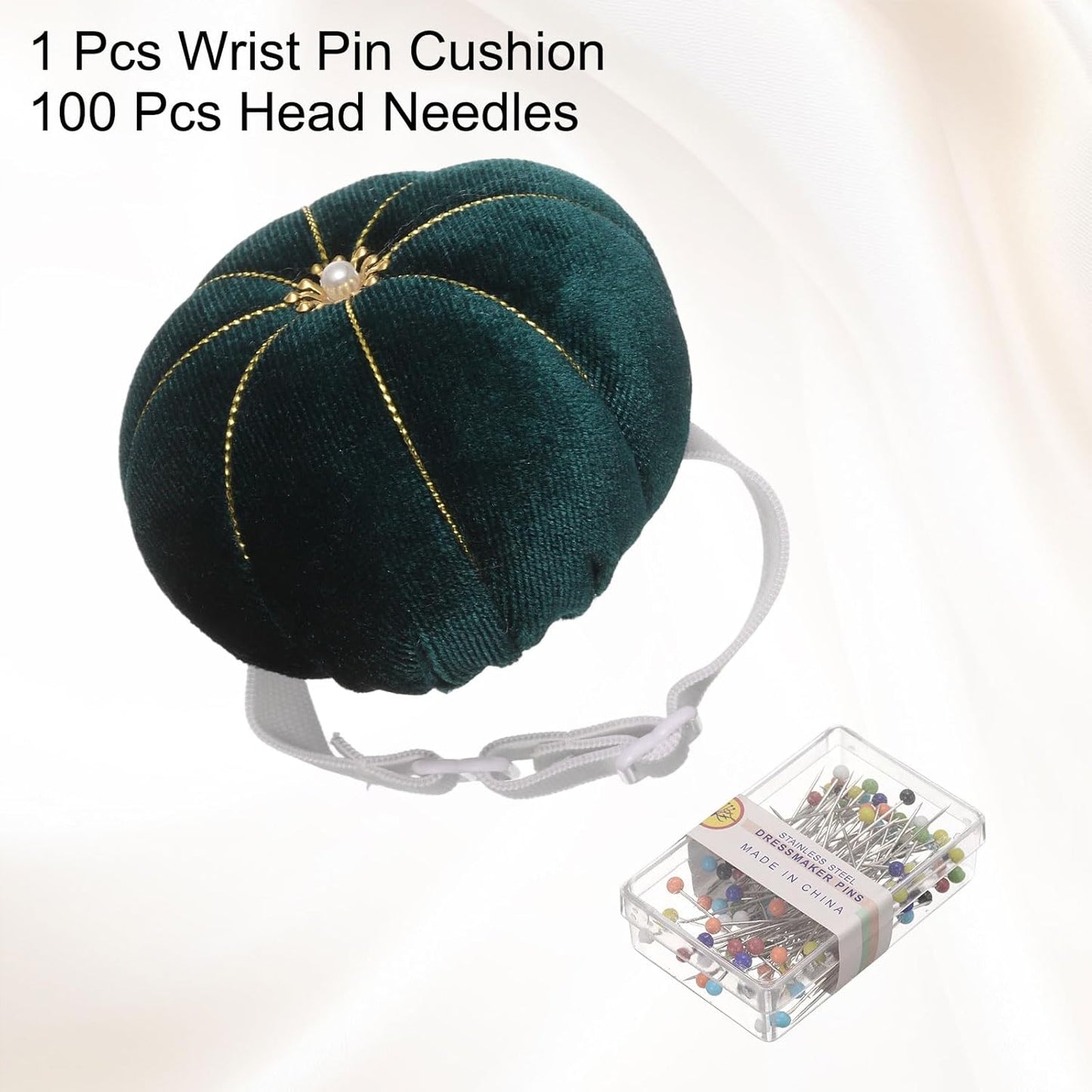 HARFINGTON Wrist Pin Cushion Wristband Sewing Pincushion Polyester Pin Holder Wearable Pumpkin Shaped Needles Wristband with 100 Head Needles for Sewing Quilting DIY Crafts, Green