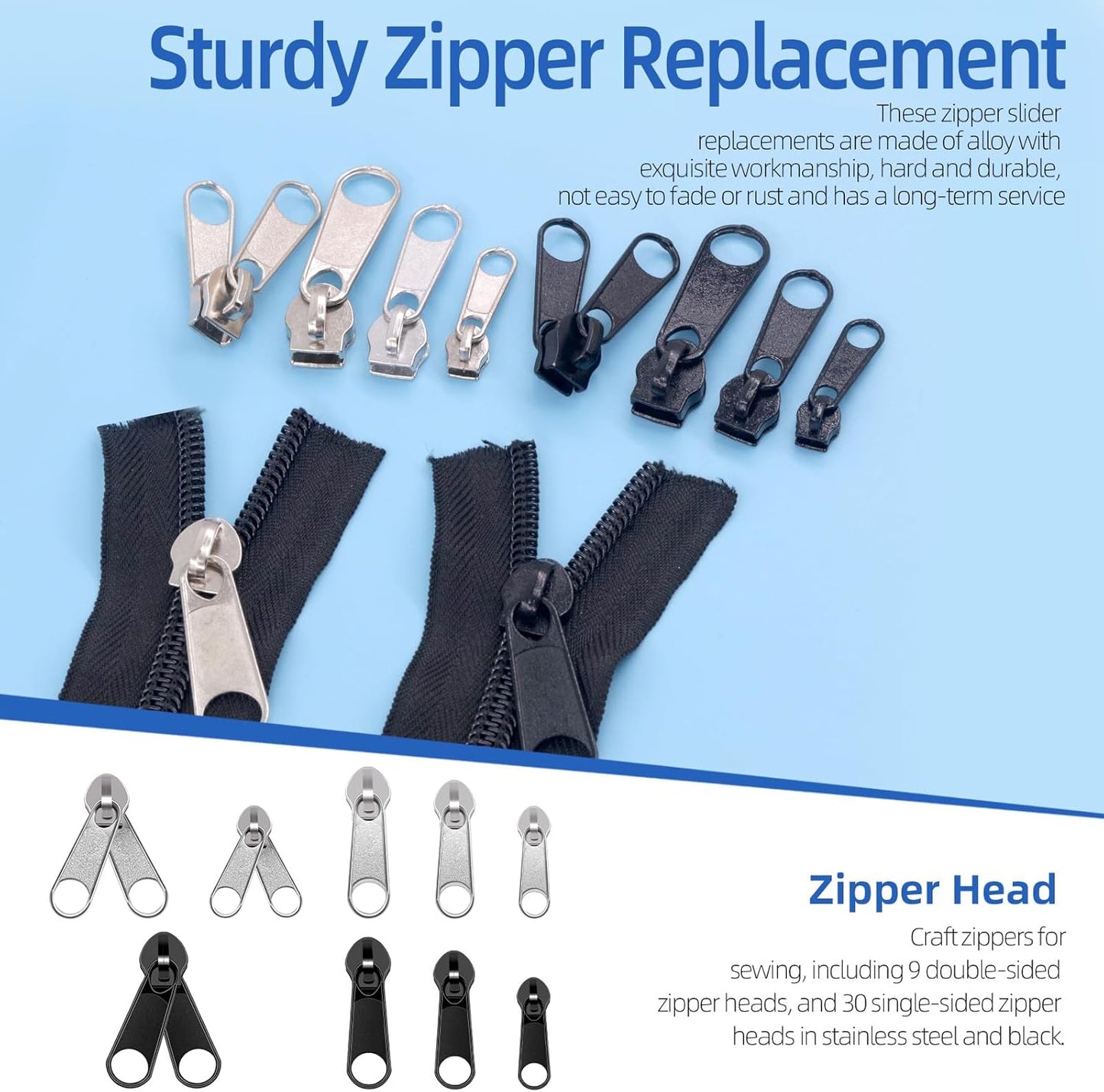 Glarks 85pcs #3#5#8 Zipper Repair Kits Includes 39pcs Metal Zipper 30pcs U Shape Top Stops 15pcs Bottom Stoppers with 1pcs Sharp-Nosed Pliers, Zipper Sliders Zipper Pull Replacement Zip Fixer Part