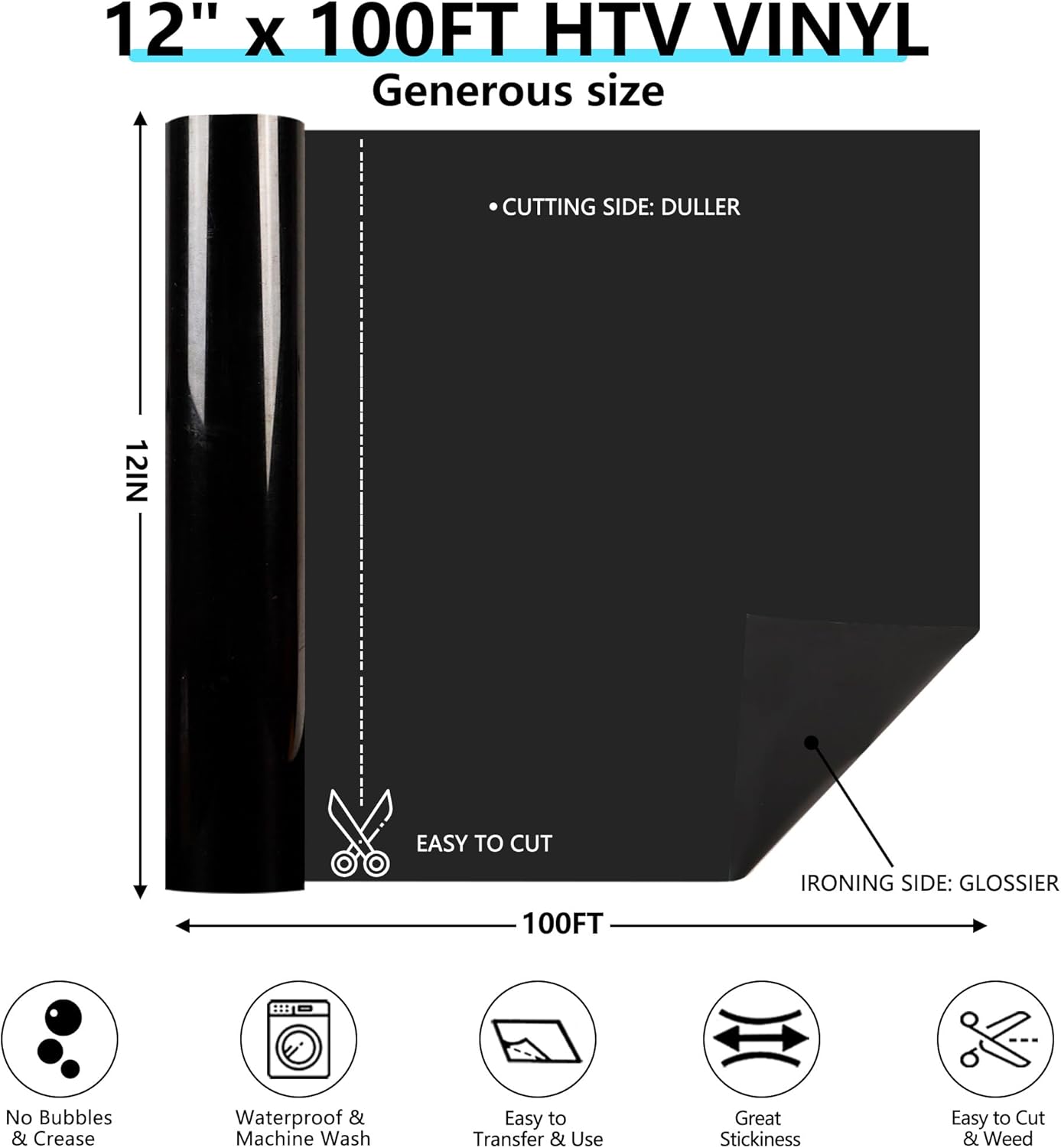 Guangyintong Black HTV Heat Transfer Vinyl Rolls, 12" X 100ft Iron on Vinyl PVC Adhesive for T-Shirt, Easy to Cut & Weed for DIY Design