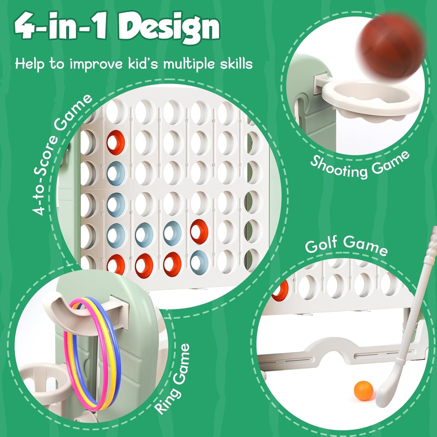 Ancaixin Giant 4 in-A-Row Connect Game Set, Adjustable Height Jumbo Yard Game with Basketball Hoop, Golf, Mesh Pocket & Ring Toss, Indoor Outdoor Family Backyard Party Game for Kids and Adults, White