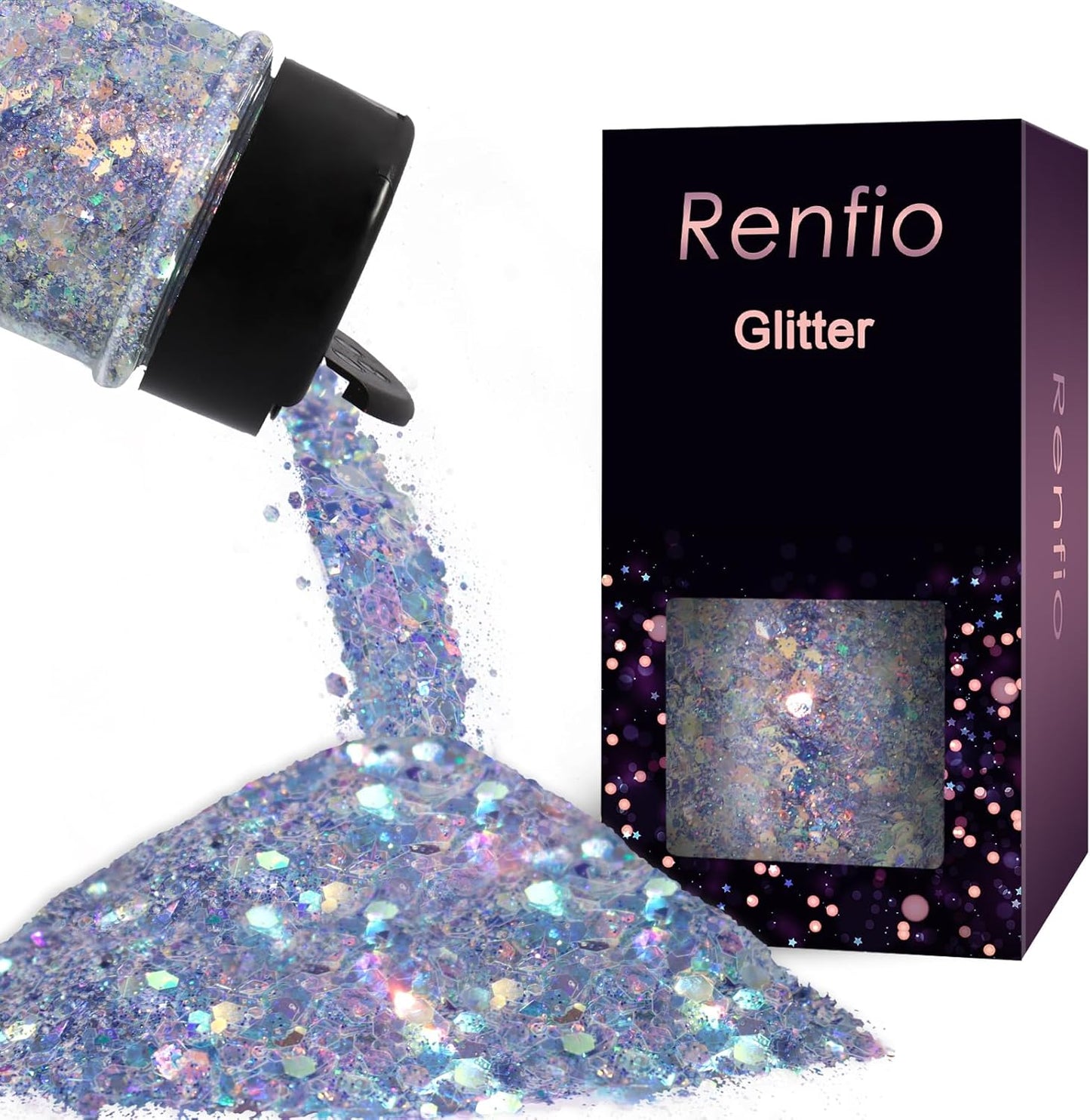 Renfio Opal Chunky Glitter, 1.75oz/50g Purple Glitter, Dreamy High Sparkle Glitter for Crafts Holographic Fine Glitter Mix Iridescent Glitters Flake for Resin Nails Art Hair DIY Snow - Elegant Lilac