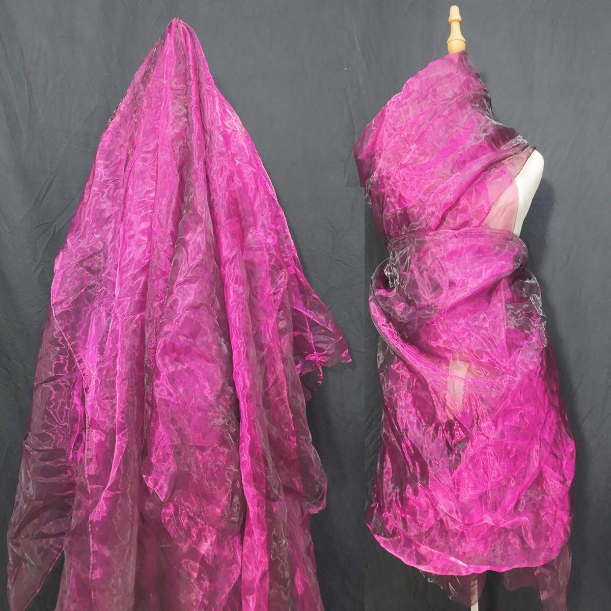 Two-Tone Iridescent Holographic Organza Fabric - 5.5 Yards | Lightweight Sheer Gauze Voile Tulle | for Dresses, Party Decor, DIY Crafts, Shiny Backdrops(Fuchsia Black)