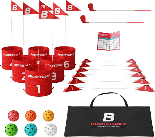 bucketgolf Game 6 Hole Bundle with Clubs - The Best Backyard Golf Game for All Ages and Levels Adults, Kids, Families, Schools, Yards, Parks, Beaches, Vacation. (2 Clubs (2 RH))