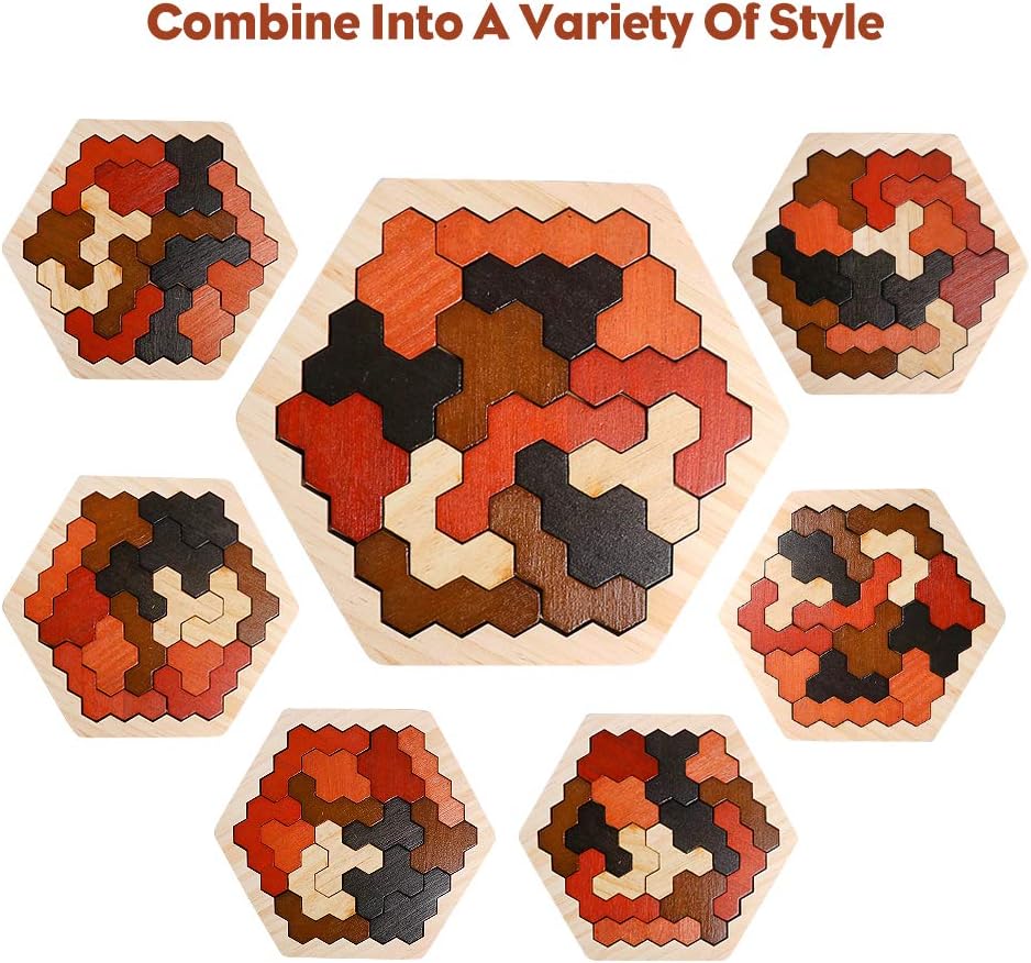 Skrtuan Wooden Hexagon Puzzle for Kids & Adults, Montessori STEM Educational Toy with Colorful Shapes, Logic IQ Brain Teaser Game for Kids, Geometry Tangram Gift