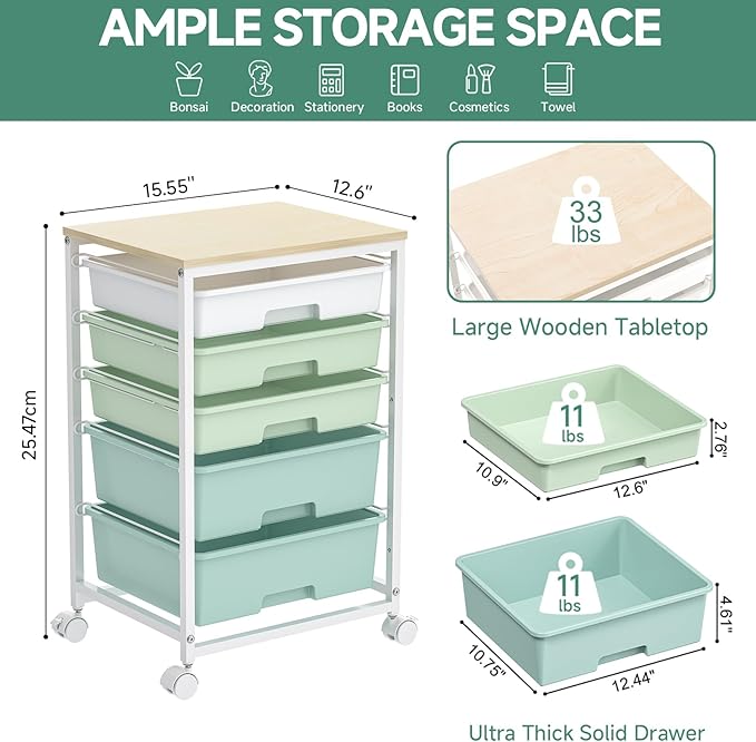 Craft cart,Rolling Cart with Drawers,Storage Cart with 5 Drawers and Wooden Tabletop for Under Desk Organizers and Storage,Green