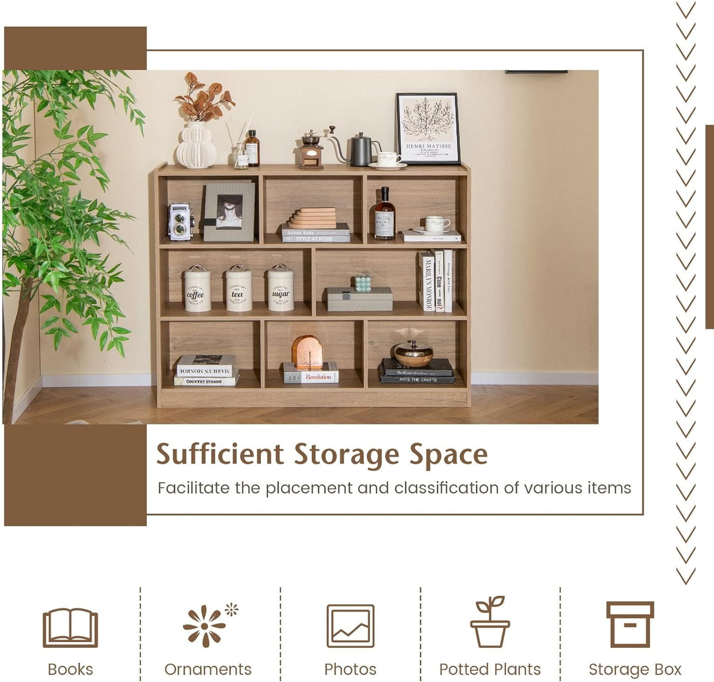 Giantex 8 Cube Bookcase, Freestanding 3-Tier Open Bookshelf, Modern Storage Display Cabinet, Wood Cube Storage Organizer for Living Room, Kid’s Room, Natural