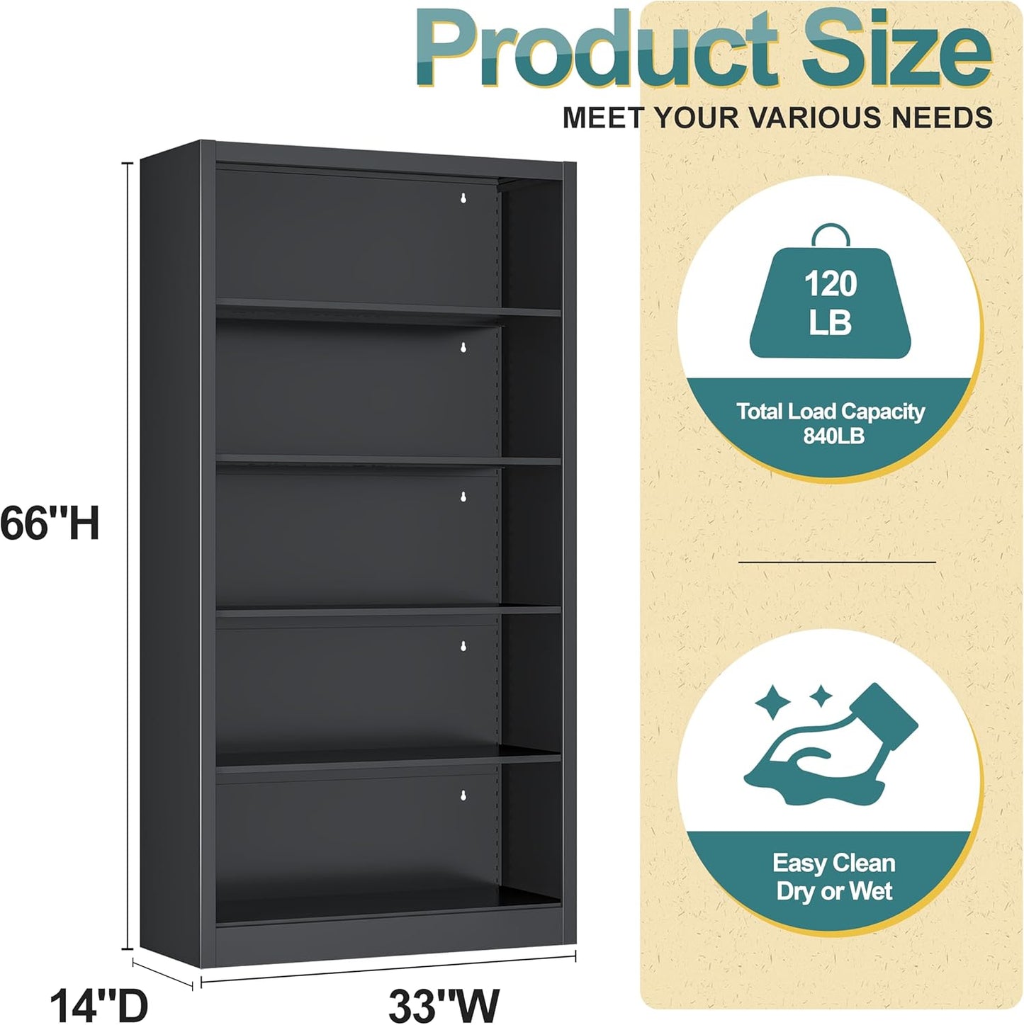 66"Heavy-Duty Steel Open Storage Cabinet with Adjustable Shelves, 6-Tier Shelving Unit, Easy Assembly Freestanding Organizer for Garage, Pantry,Office, Living Room (Black, 5 Tier-66"Hx 33"W x14"D)