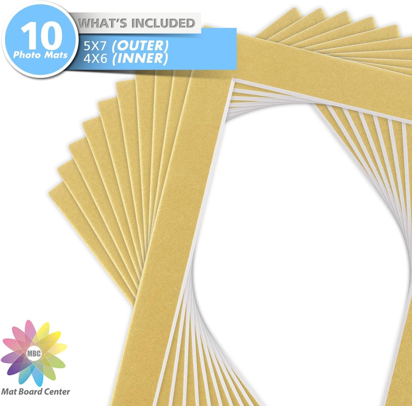 Mat Board Center, Pack of 10, 5x7 for 4x6 Old Gold Color Mats - Bevel Cut, Acid Free, 4-ply Thickness, White Core - for Pictures, Photos, Framing