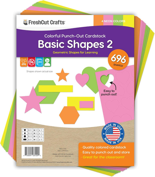 Basic Shapes 2: Hearts, Stars, Hexagons, Rectangles, 696 Pieces US Made Card Stock Punch Out Geometric Shapes in 3 Sizes and 4 NEON Colors for Math, Pattern Play and DIY Crafting