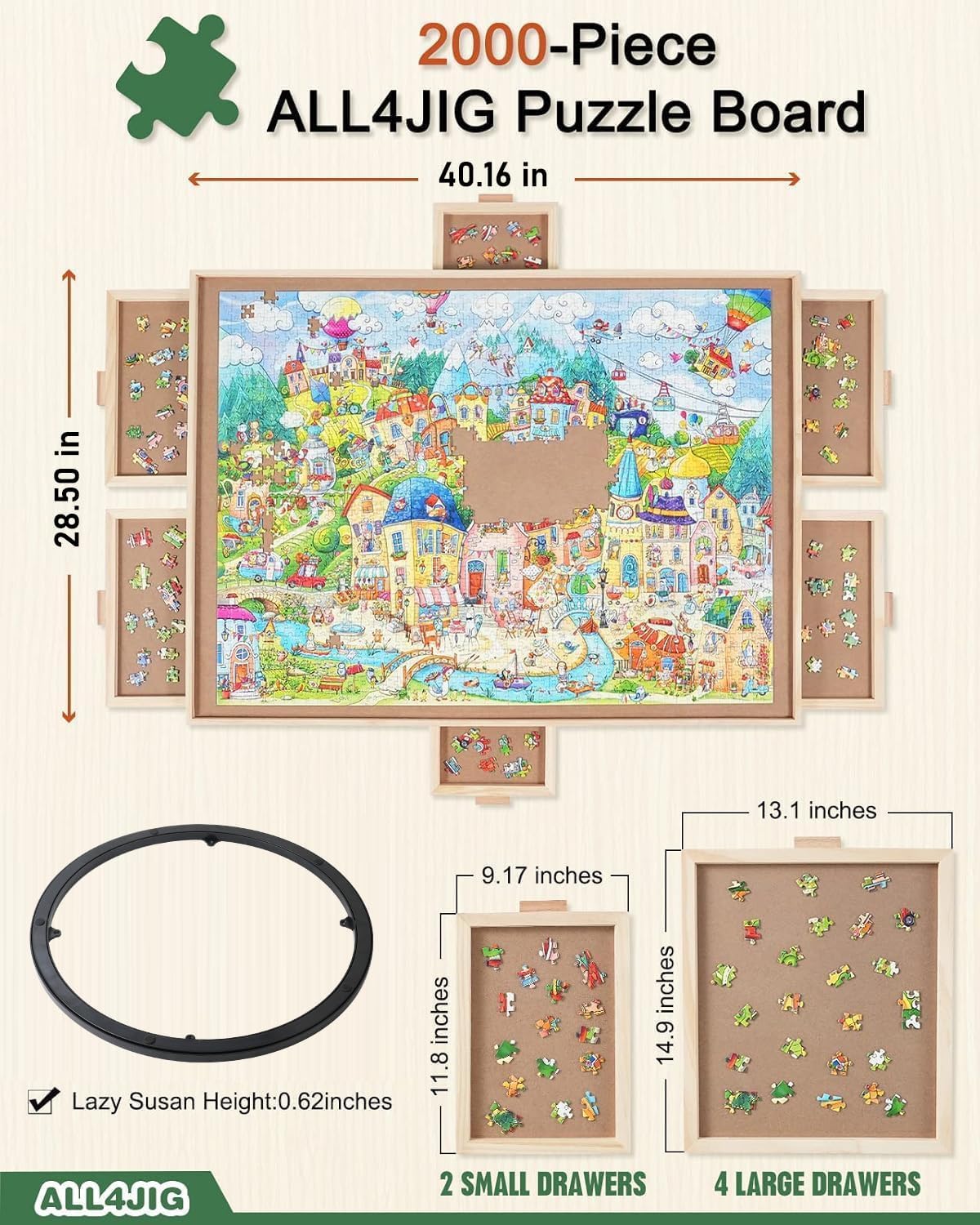 ALL4JIG 2000 Pieces Rotating Puzzle Board with 6 Drawers and Cover,28"x40"Portable Wooden Jigsaw Puzzle Table for Adults,Lazy Susan Spinning Puzzle Boards Birthday Gift for mom