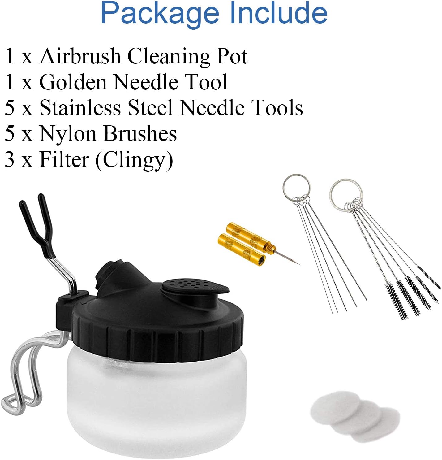 Airbrush Cleaning kit Glass Cleaning Pot with holder,Wash Cleaning Tools,5 Nozzle cleaning Needles and Brush,1 Golden Needle,Dredging Needles Kit for Airbrush Cleaning Repair